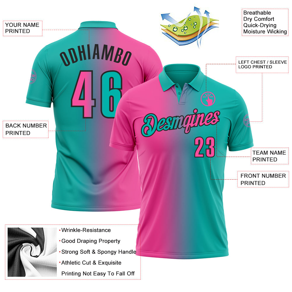 Custom Aqua Pink-Black 3D Gradient Fashion Performance Polo Shirt view 3