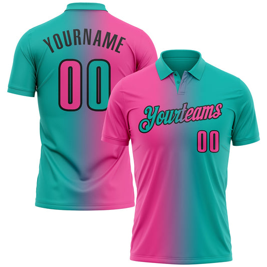 Custom Aqua Pink-Black 3D Gradient Fashion Performance Polo Shirt - Main View