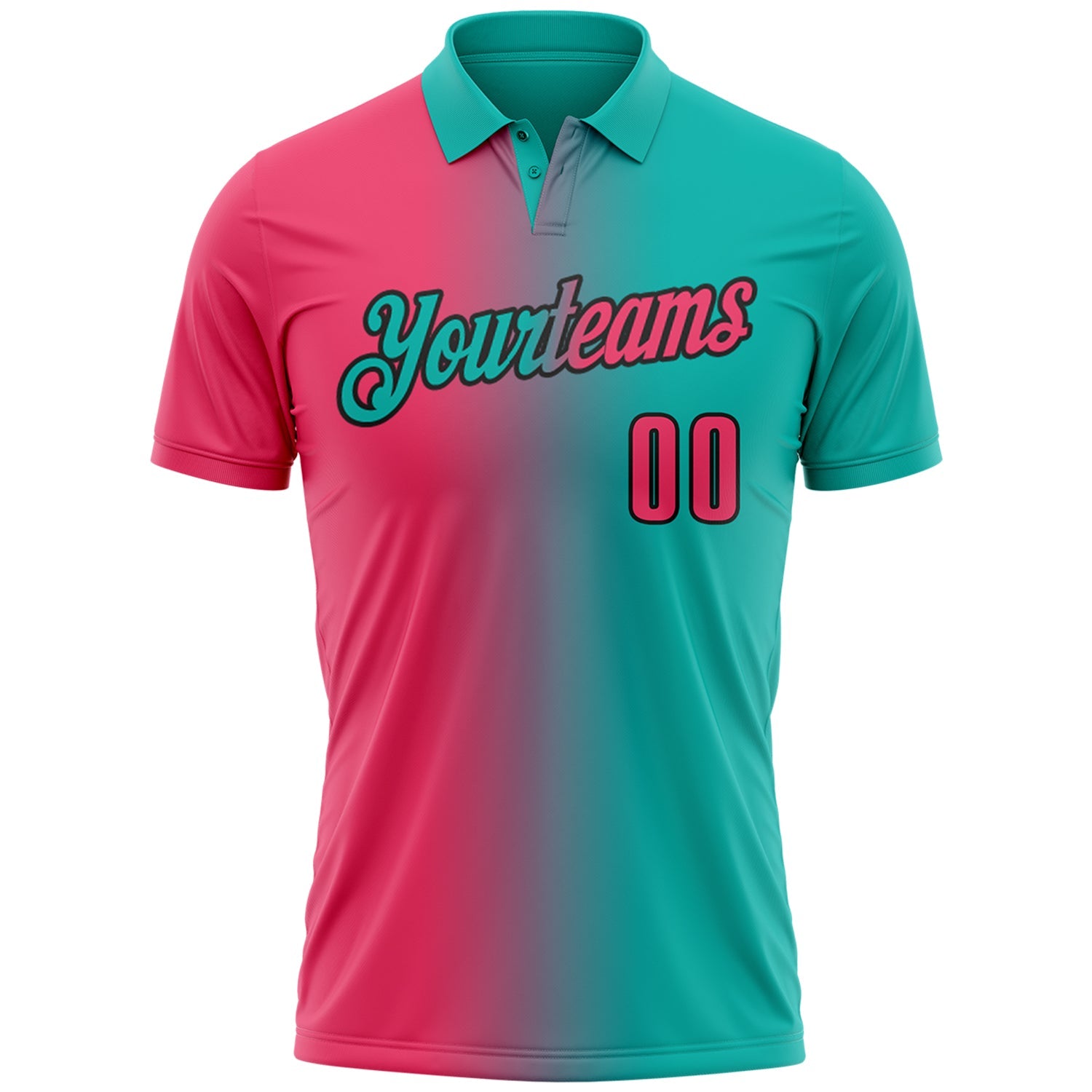Custom Aqua Neon Pink-Black 3D Gradient Fashion Performance Polo Shirt view 2