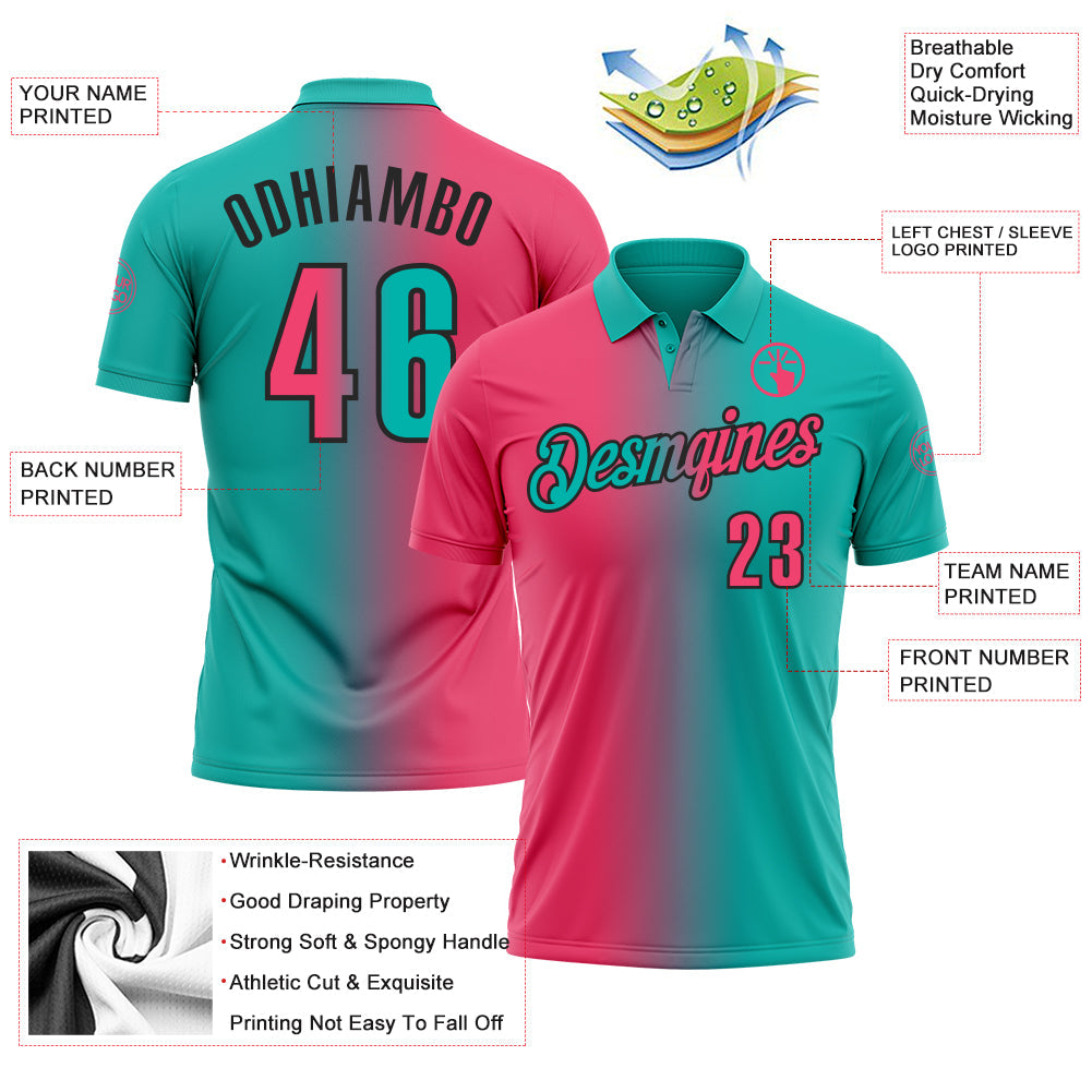 Custom Aqua Neon Pink-Black 3D Gradient Fashion Performance Polo Shirt view 3