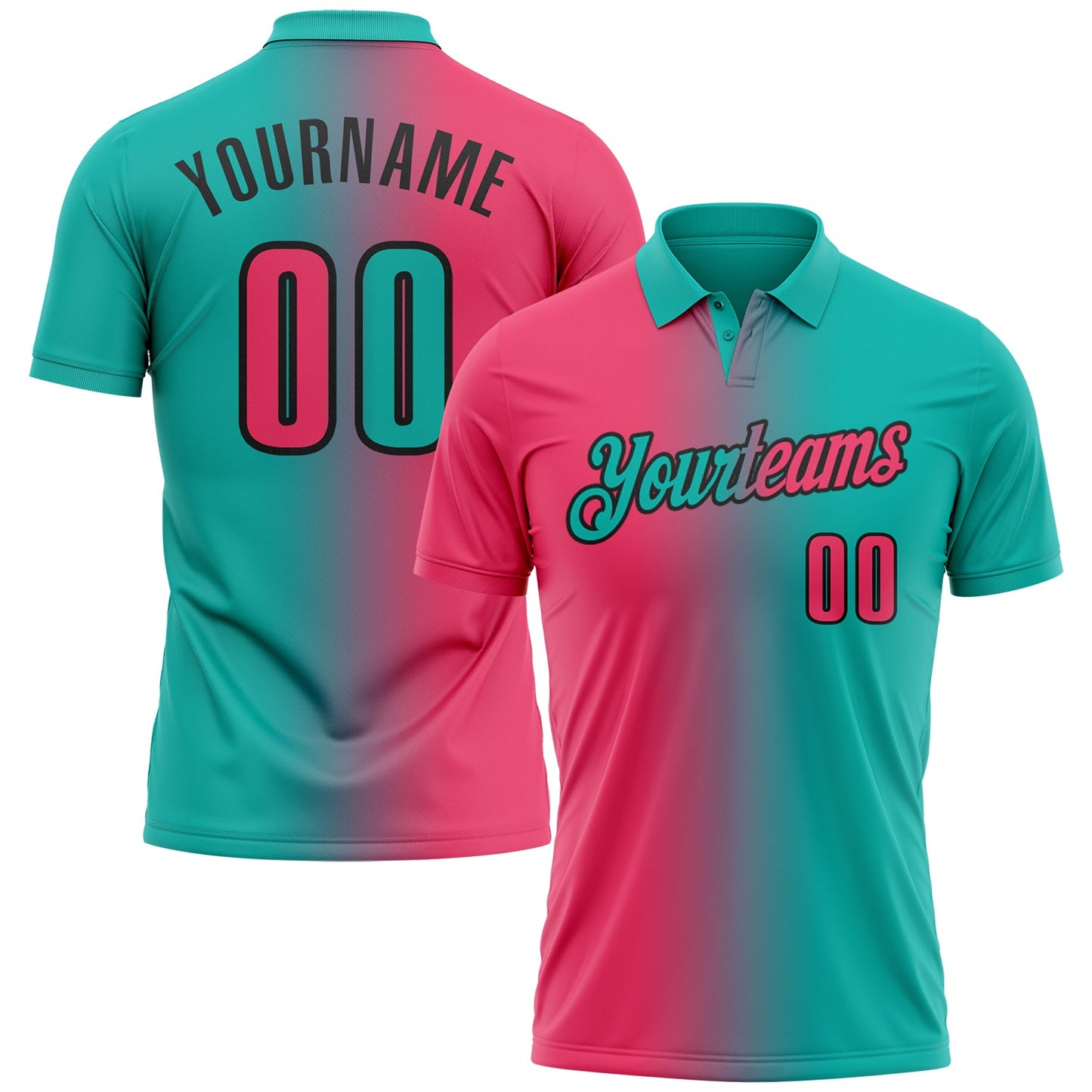Custom Aqua Neon Pink-Black 3D Gradient Fashion Performance Polo Shirt - Main View