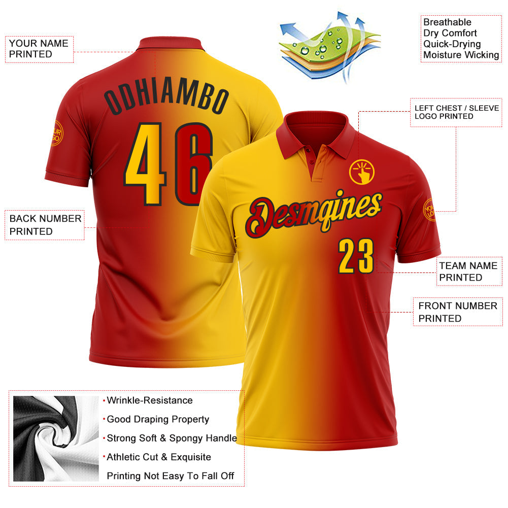 Custom Red Yellow-Black 3D Gradient Fashion Performance Polo Shirt view 3