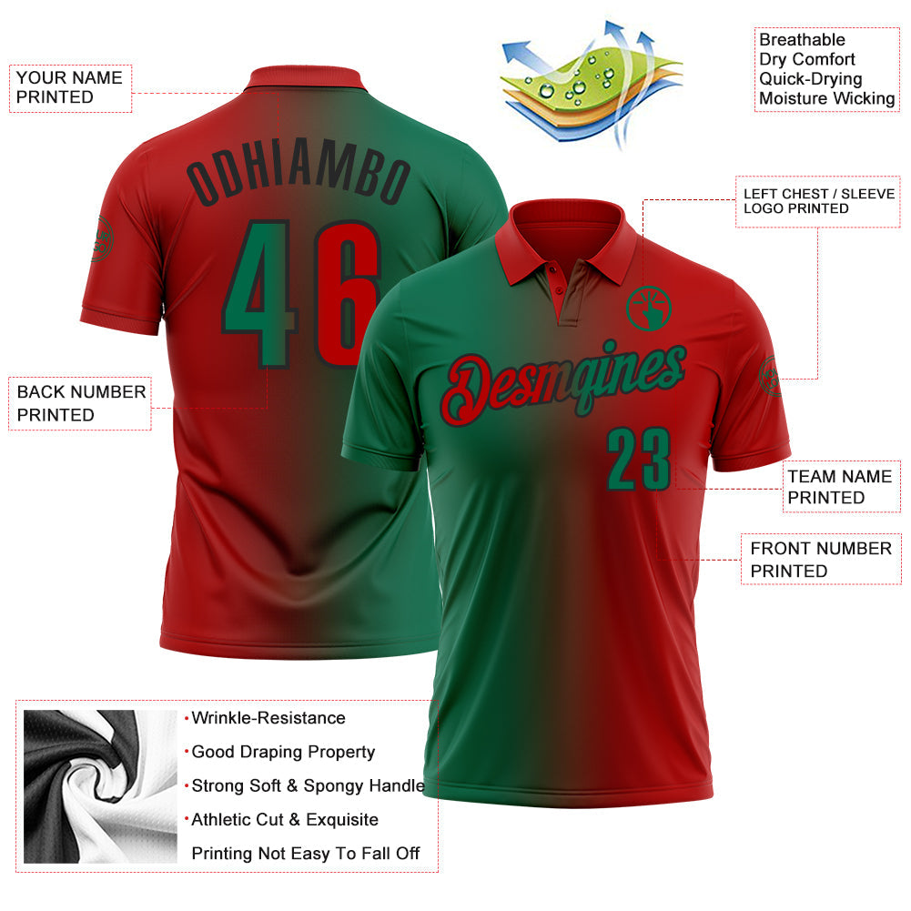 Custom Red Kelly Green-Black 3D Gradient Fashion Performance Polo Shirt view 3