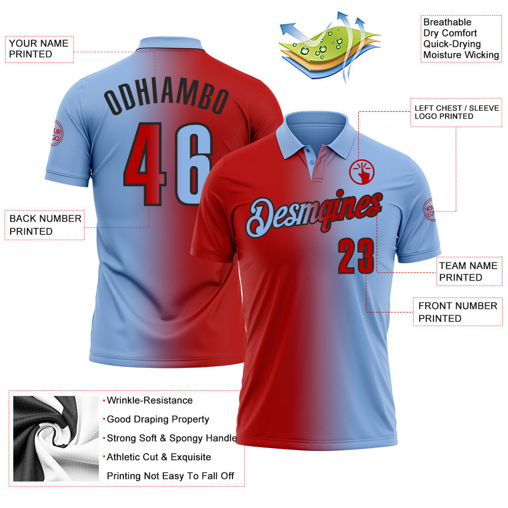 Custom Light Blue Red-Black 3D Gradient Fashion Performance Polo Shirt view 3