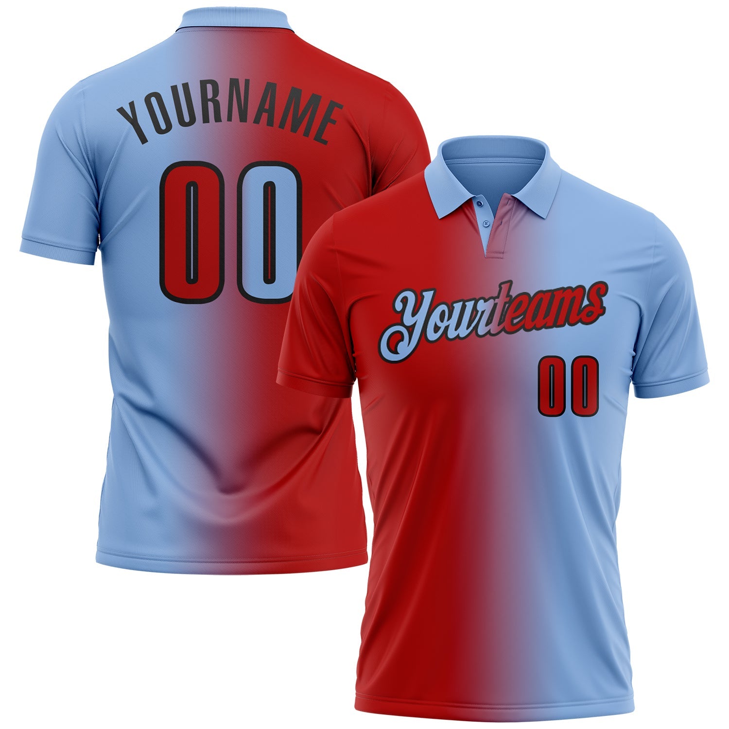 Custom Light Blue Red-Black 3D Gradient Fashion Performance Polo Shirt - Main View