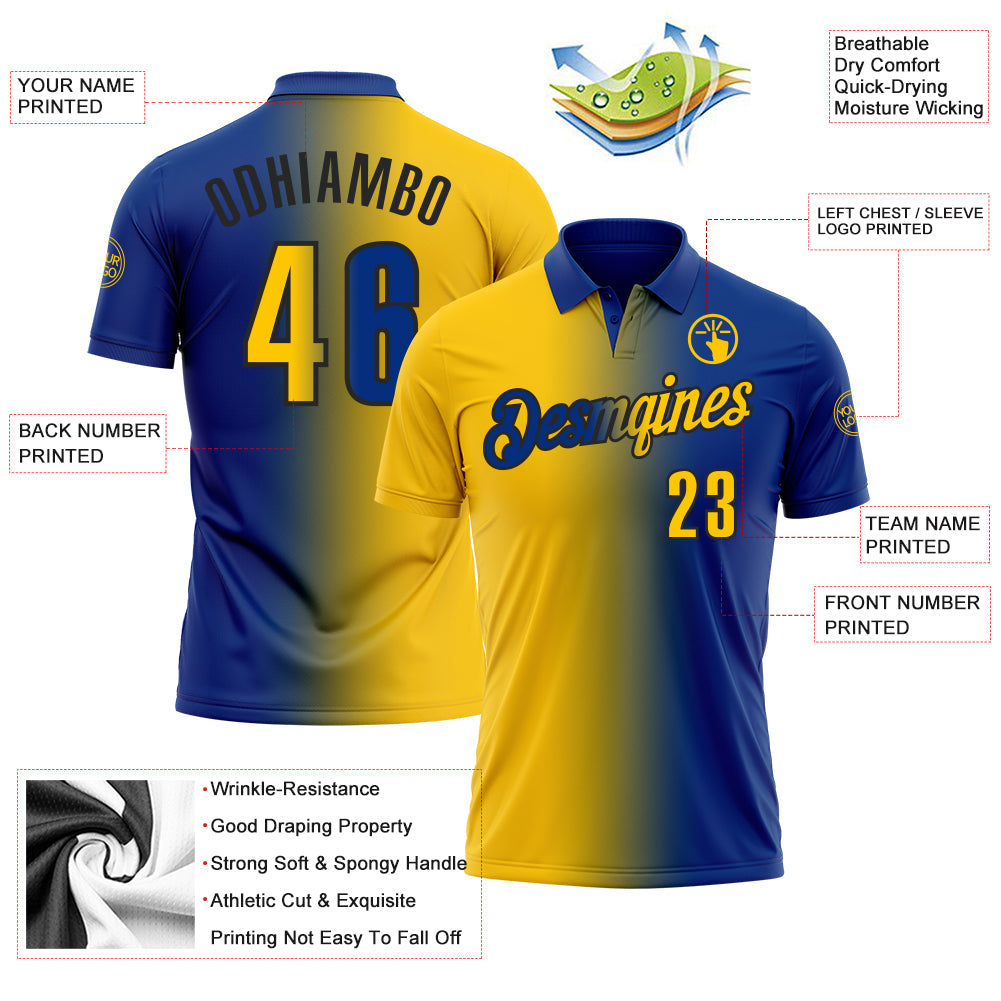 Custom Royal Yellow-Black 3D Gradient Fashion Performance Polo Shirt view 3