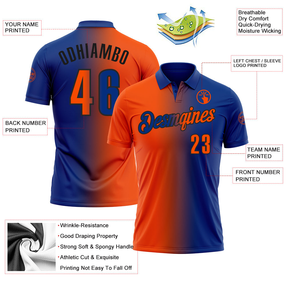 Custom Royal Orange-Black 3D Gradient Fashion Performance Polo Shirt view 3