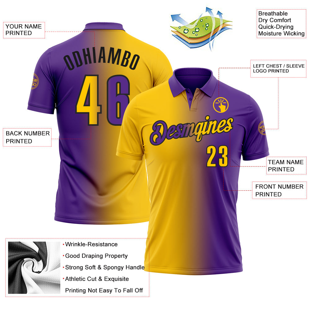 Custom Purple Yellow-Black 3D Gradient Fashion Performance Polo Shirt view 3