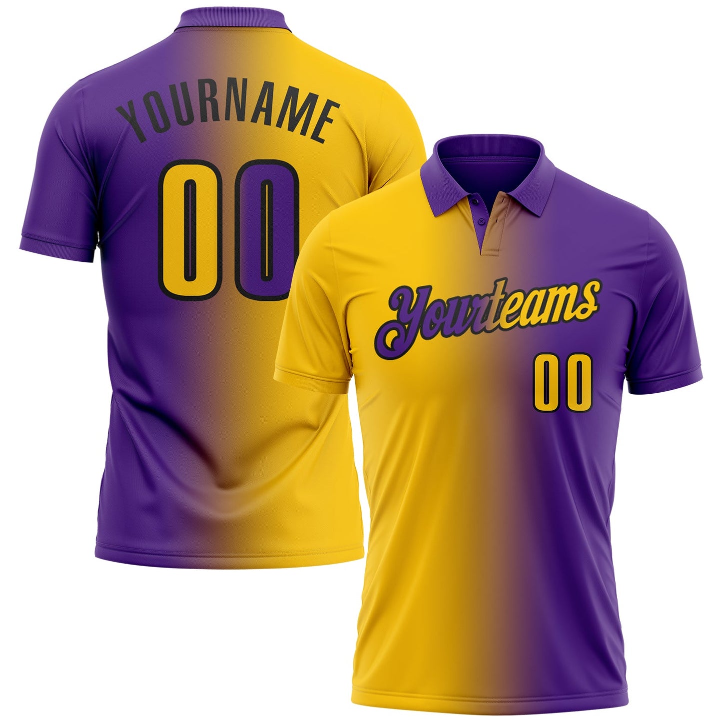 Custom Purple Yellow-Black 3D Gradient Fashion Performance Polo Shirt - Main View