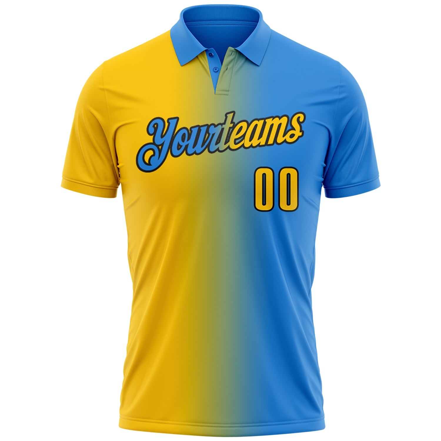 Custom Powder Blue Yellow-Black 3D Gradient Fashion Performance Polo Shirt view 2