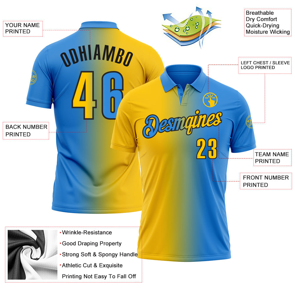 Custom Powder Blue Yellow-Black 3D Gradient Fashion Performance Polo Shirt view 3