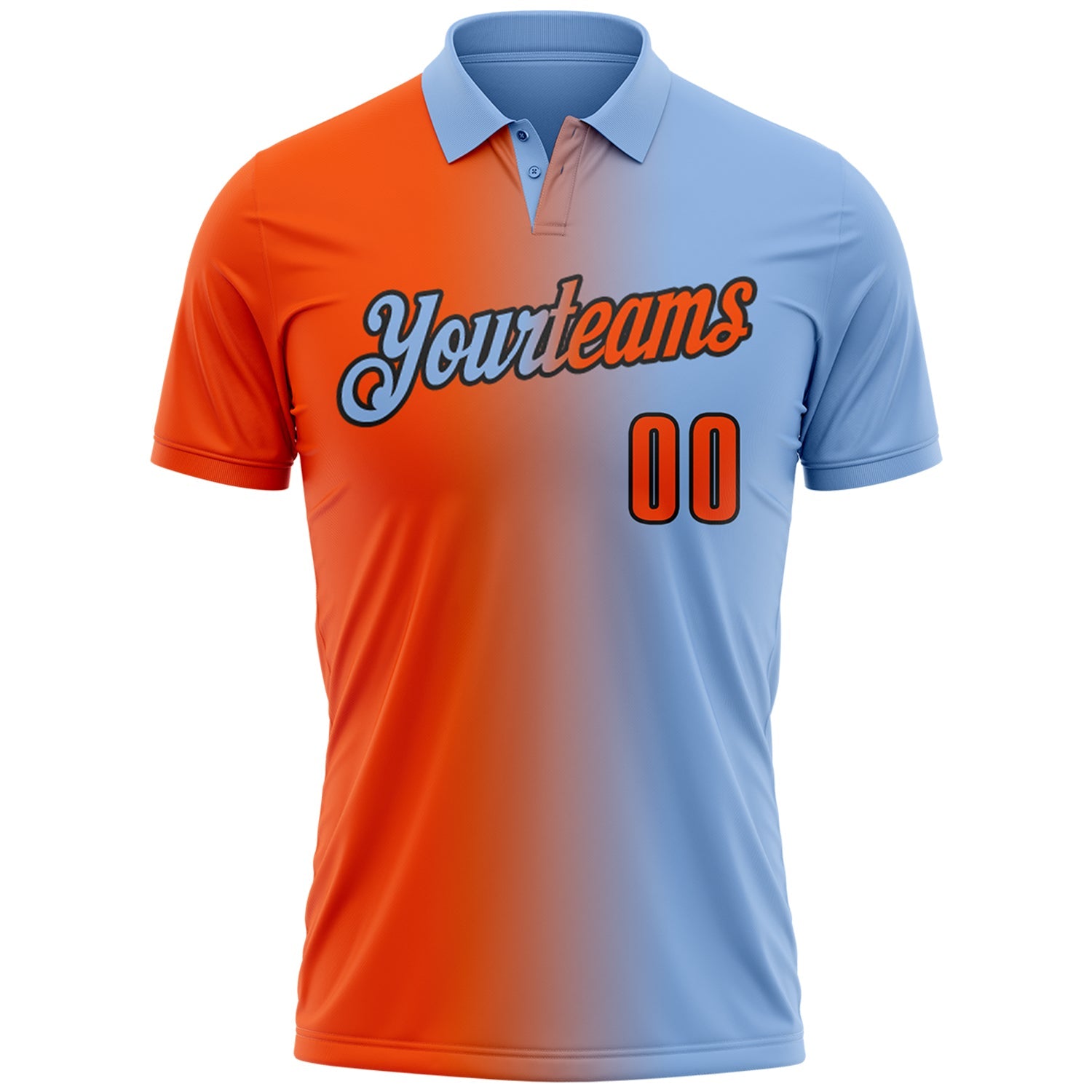Custom Light Blue Orange-Black 3D Gradient Fashion Performance Polo Shirt view 2