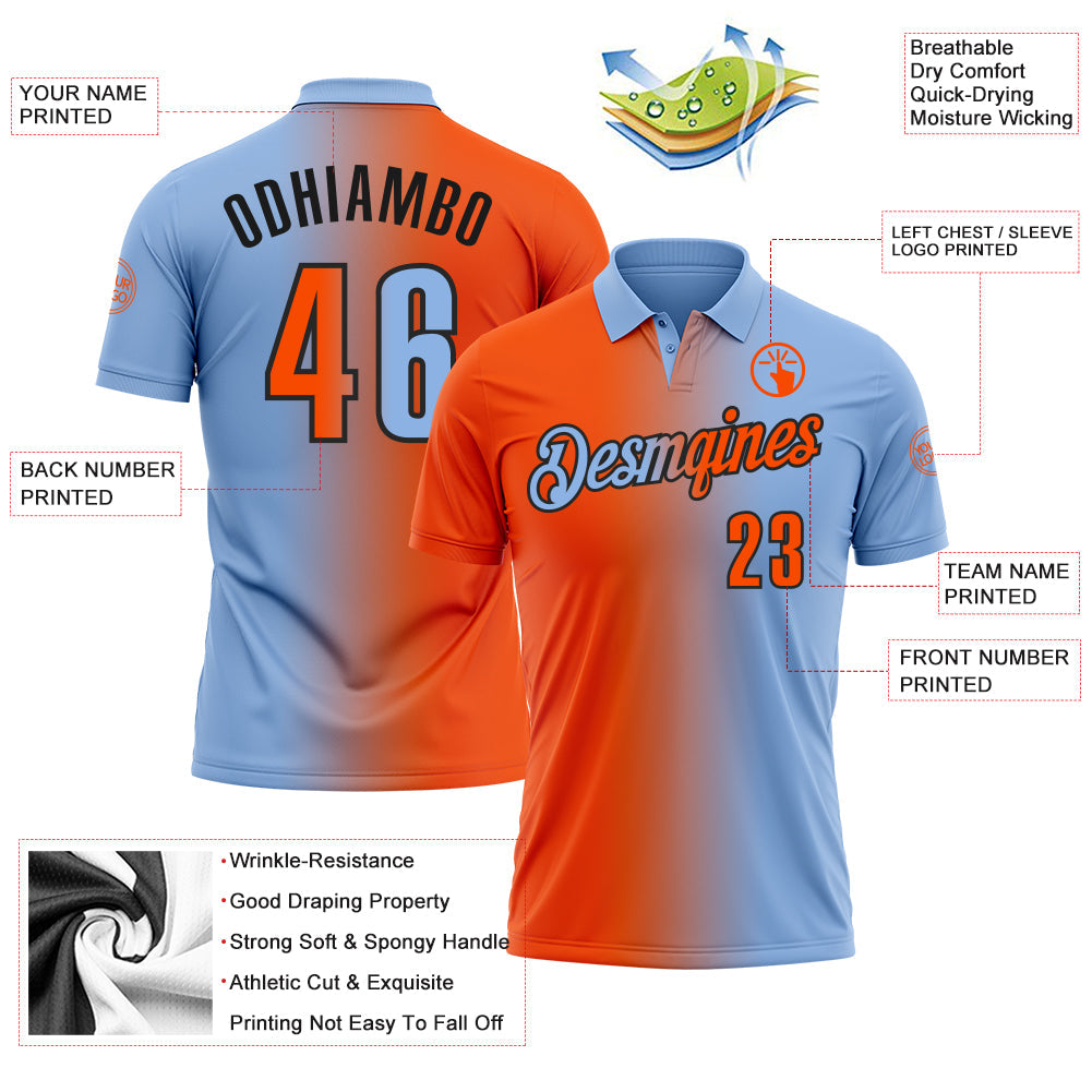 Custom Light Blue Orange-Black 3D Gradient Fashion Performance Polo Shirt view 3
