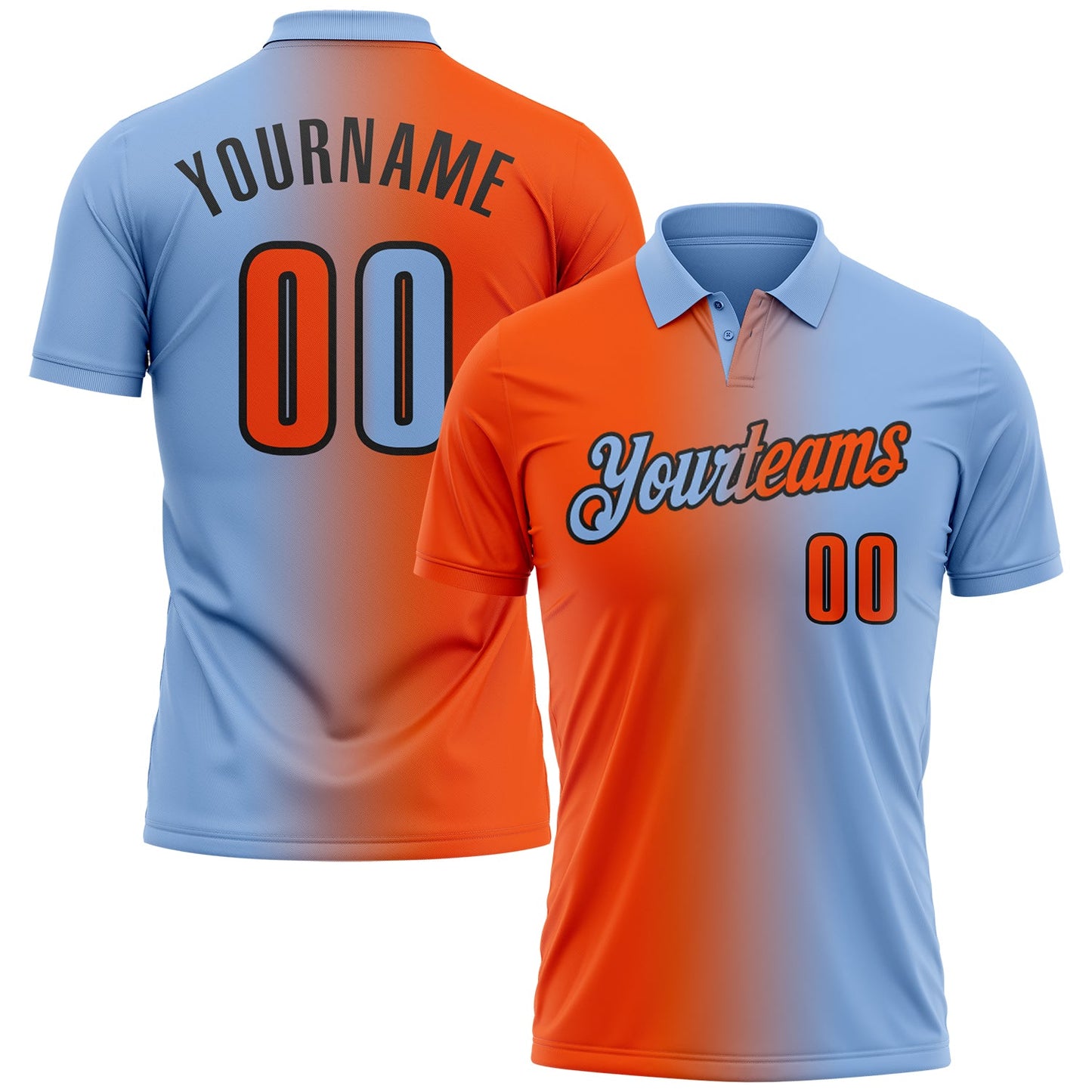 Custom Light Blue Orange-Black 3D Gradient Fashion Performance Polo Shirt - Main View