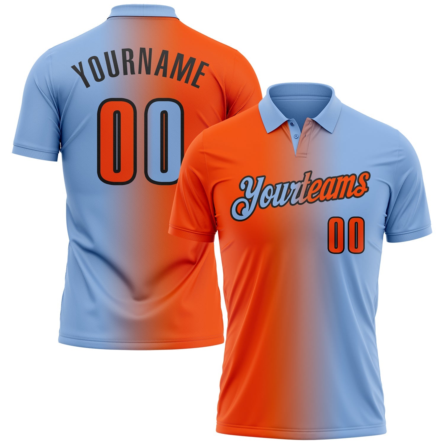 Custom Light Blue Orange-Black 3D Gradient Fashion Performance Polo Shirt - Main View