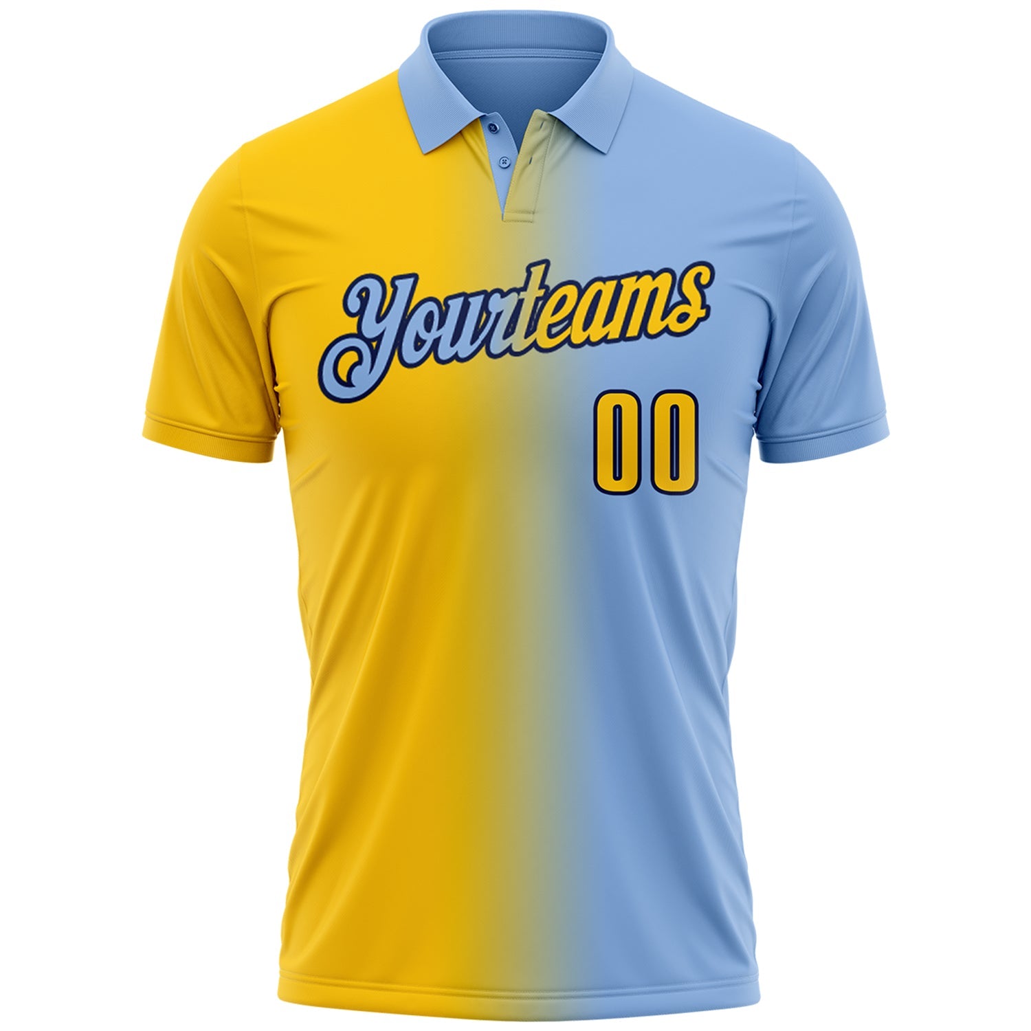 Custom Light Blue Yellow-Navy 3D Gradient Fashion Performance Polo Shirt view 2
