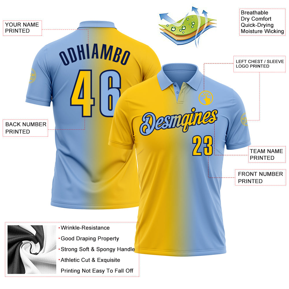 Custom Light Blue Yellow-Navy 3D Gradient Fashion Performance Polo Shirt view 3