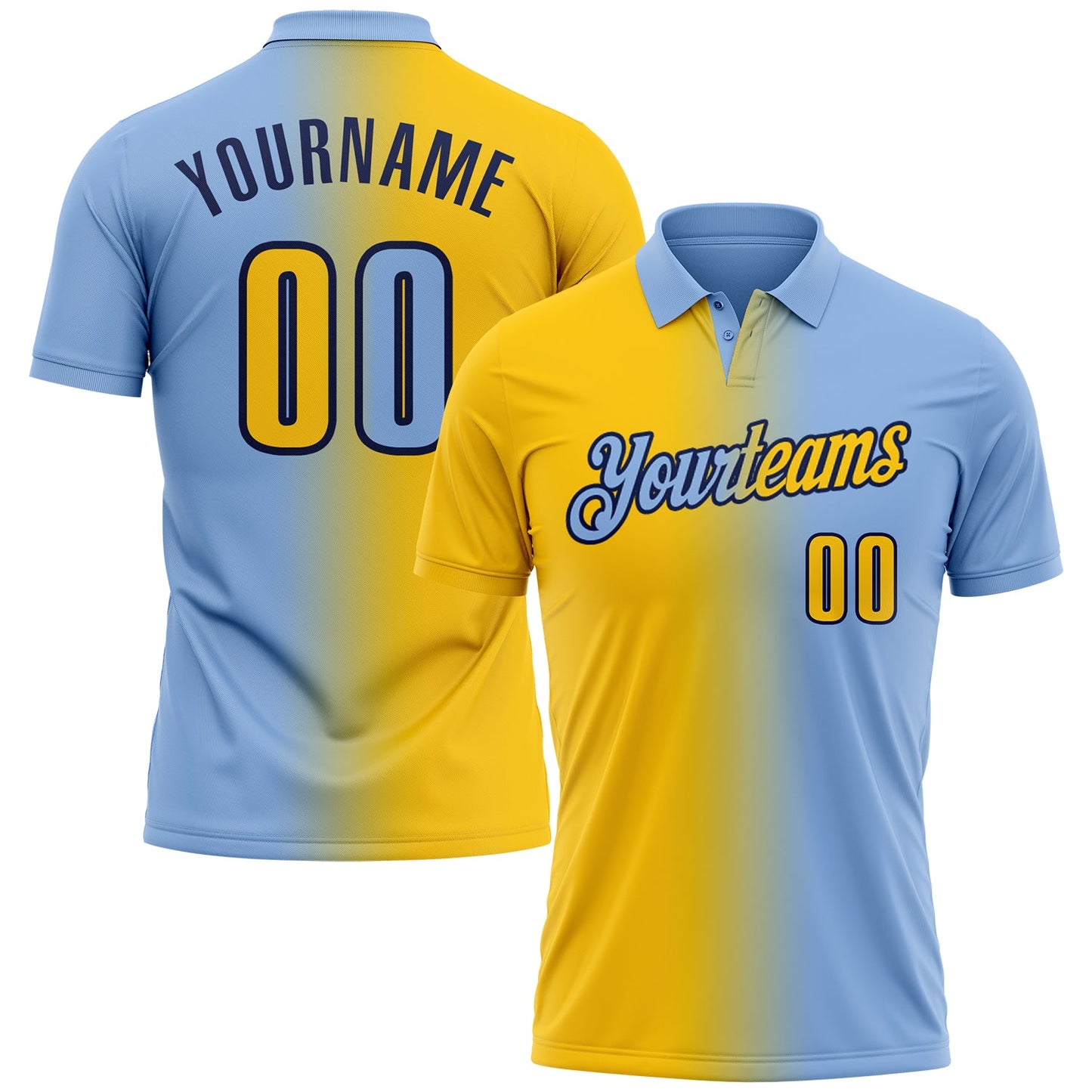 Custom Light Blue Yellow-Navy 3D Gradient Fashion Performance Polo Shirt - Main View