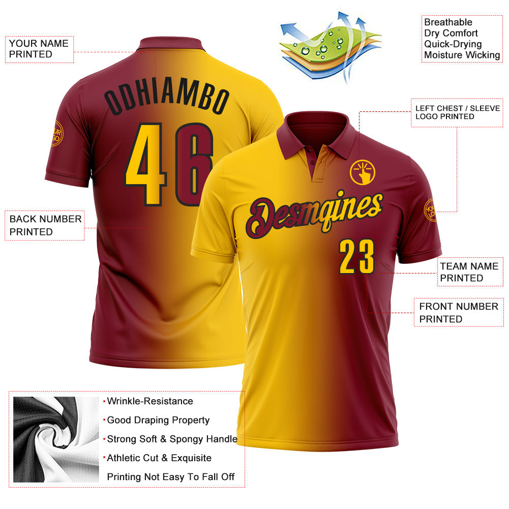 Custom Crimson Yellow-Black 3D Gradient Fashion Performance Polo Shirt view 3