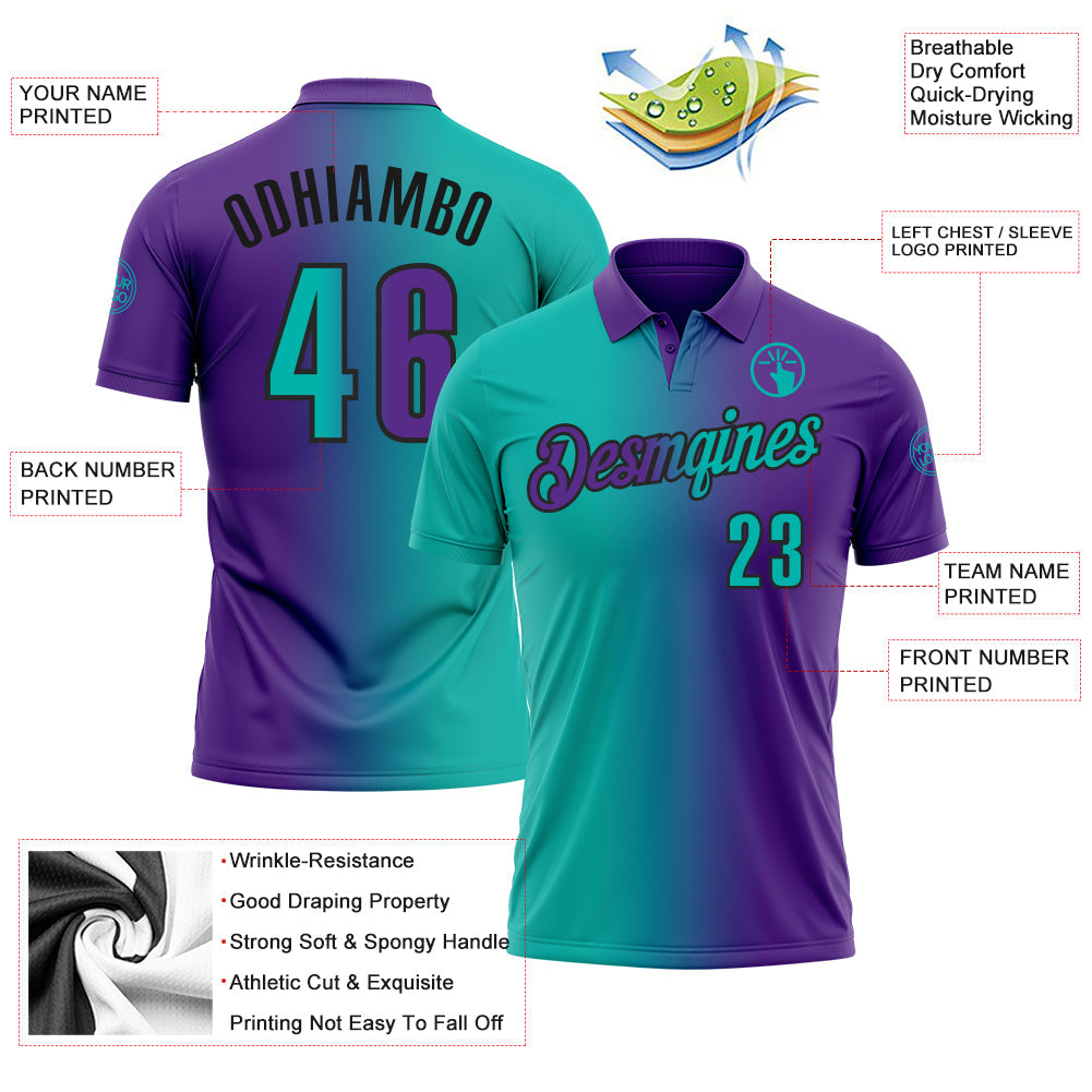 Custom Purple Aqua-Black 3D Gradient Fashion Performance Polo Shirt view 3