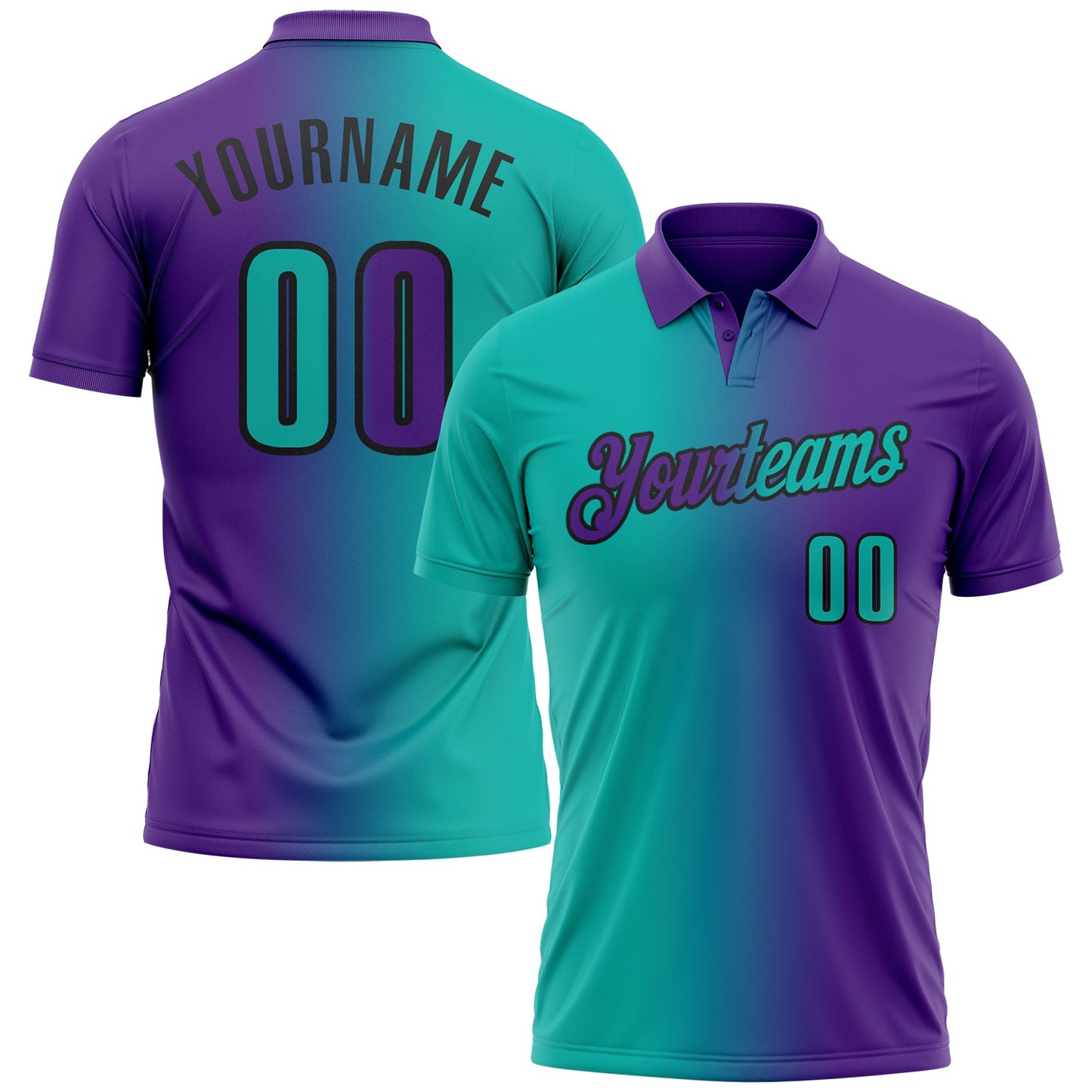 Custom Purple Aqua-Black 3D Gradient Fashion Performance Polo Shirt - Main View