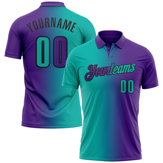 Custom Purple Aqua-Black 3D Gradient Fashion Performance Polo Shirt - Main View
