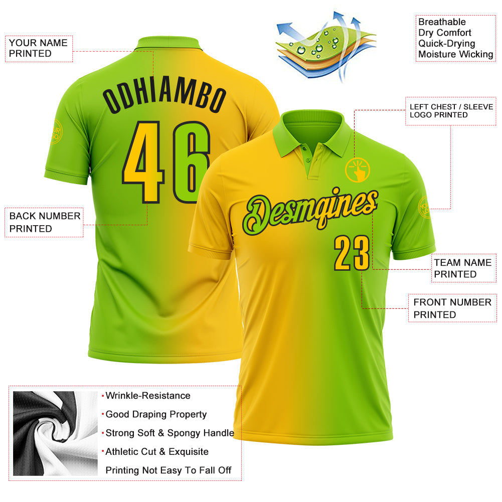 Custom Neon Green Yellow-Black 3D Gradient Fashion Performance Polo Shirt view 3