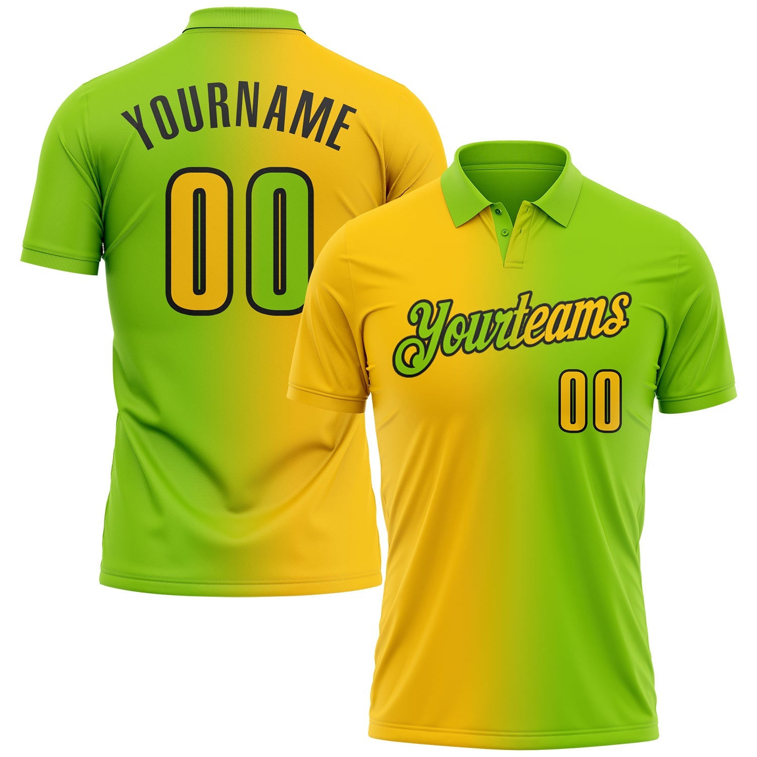 Custom Neon Green Yellow-Black 3D Gradient Fashion Performance Polo Shirt - Main View
