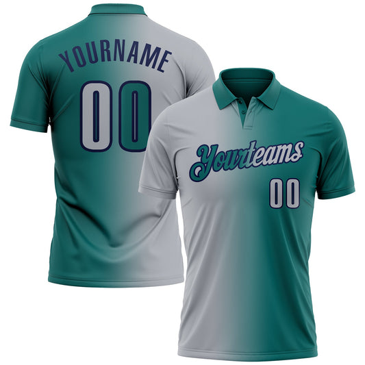 Custom Teal Gray-Navy 3D Gradient Fashion Performance Polo Shirt - Main View
