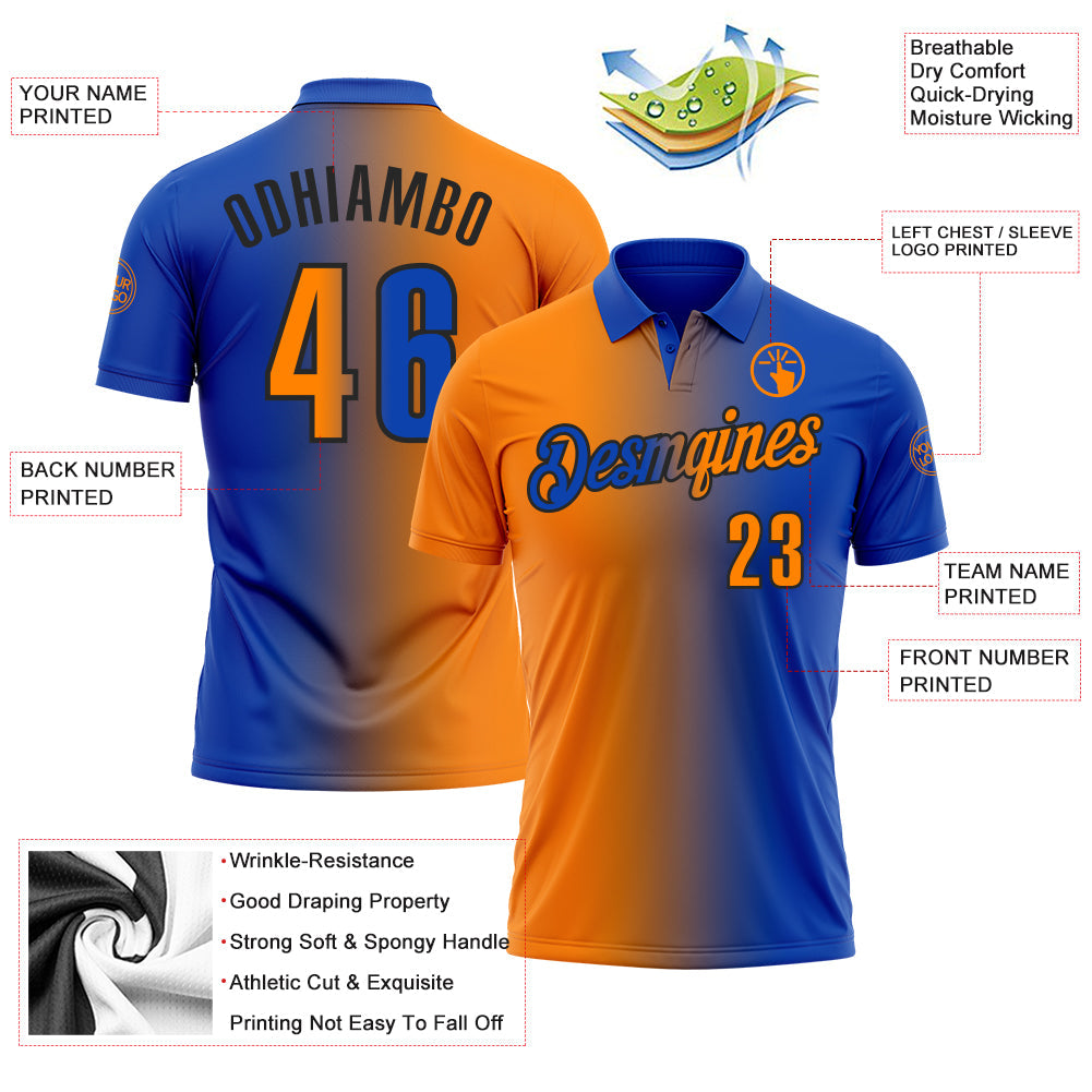 Custom Thunder Blue Bay Orange-Black 3D Gradient Fashion Performance Polo Shirt view 3