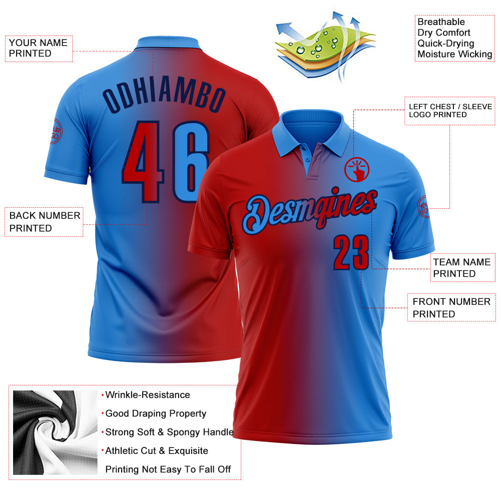 Custom Powder Blue Red-Navy 3D Gradient Fashion Performance Polo Shirt view 3