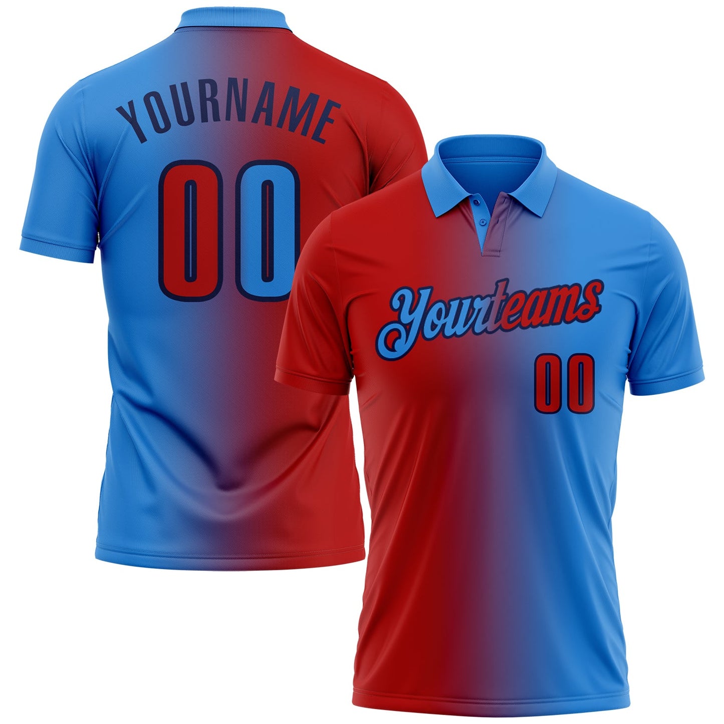 Custom Powder Blue Red-Navy 3D Gradient Fashion Performance Polo Shirt - Main View