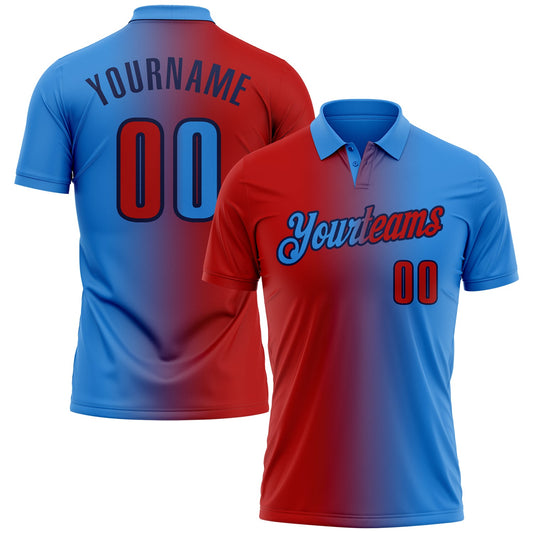 Custom Powder Blue Red-Navy 3D Gradient Fashion Performance Polo Shirt - Main View