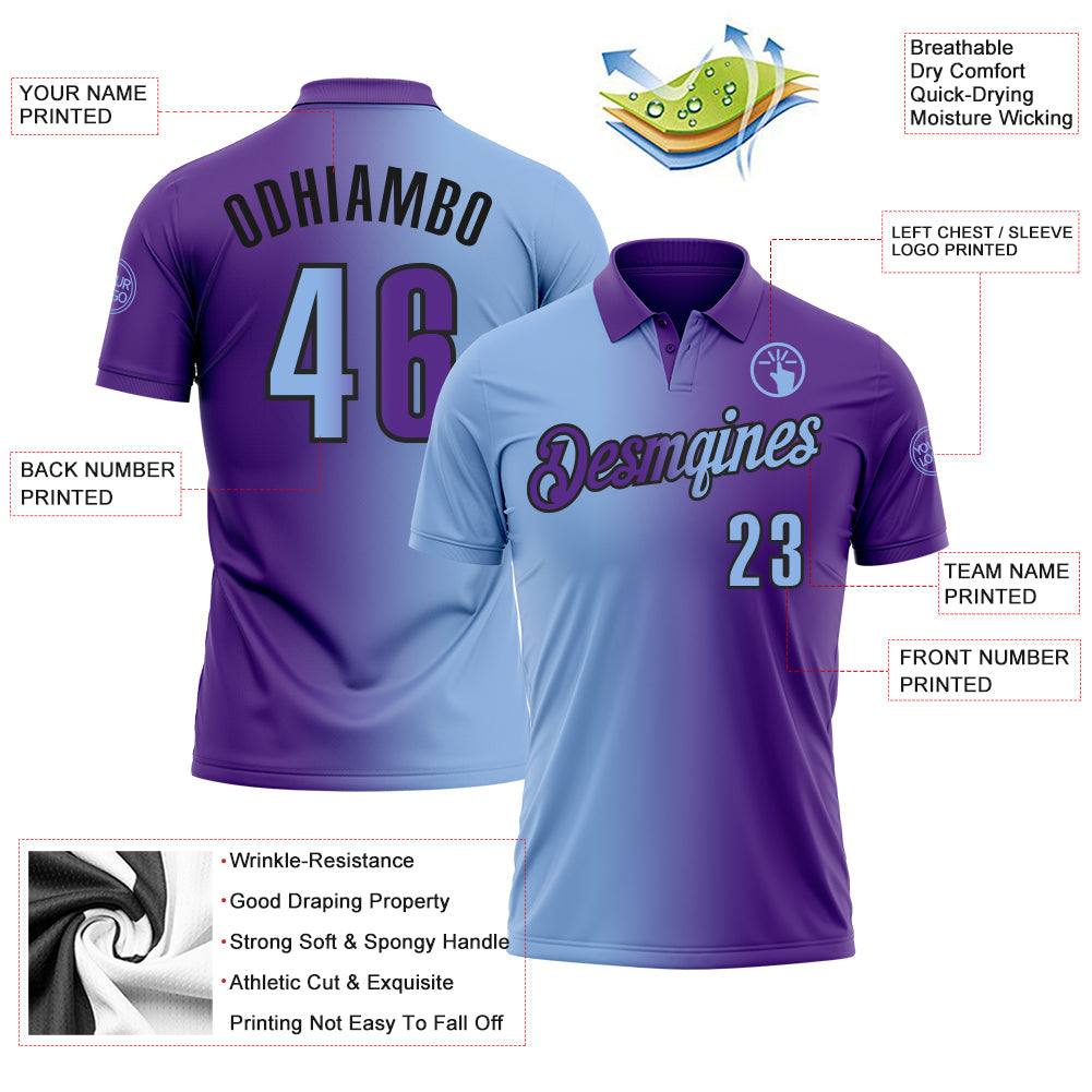 Custom Purple Light Blue-Black 3D Gradient Fashion Performance Polo Shirt view 3