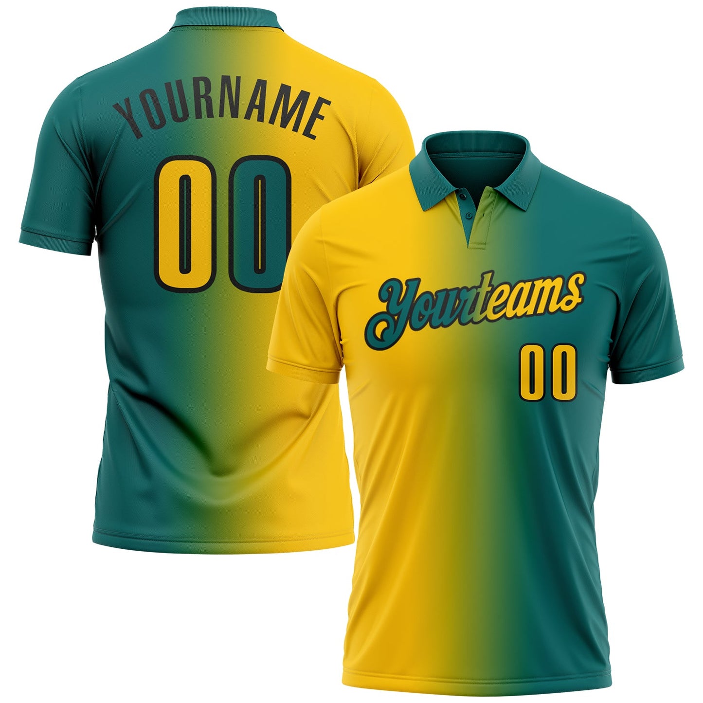 Custom Teal Yellow-Black 3D Gradient Fashion Performance Polo Shirt - Main View