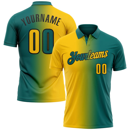 Custom Teal Yellow-Black 3D Gradient Fashion Performance Polo Shirt - Main View