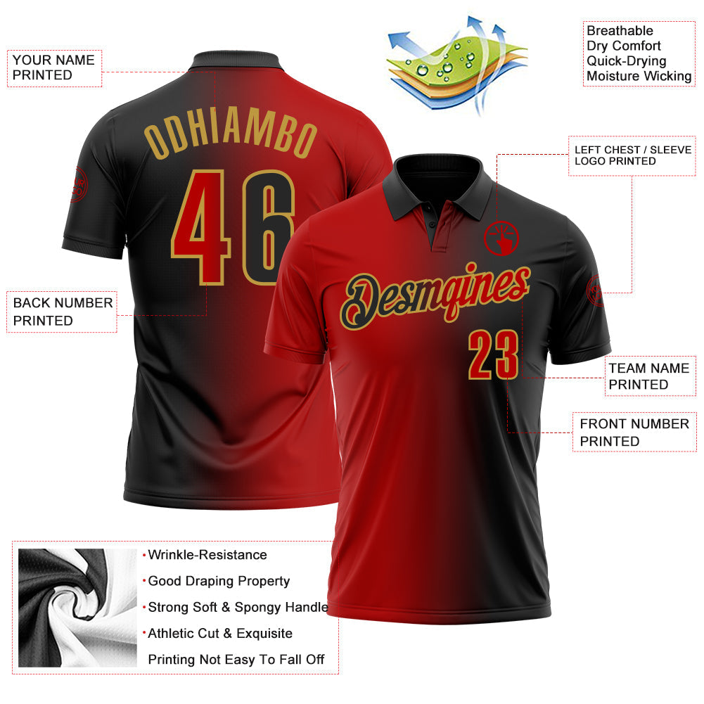 Custom Black Red-Old Gold 3D Gradient Fashion Performance Polo Shirt view 3