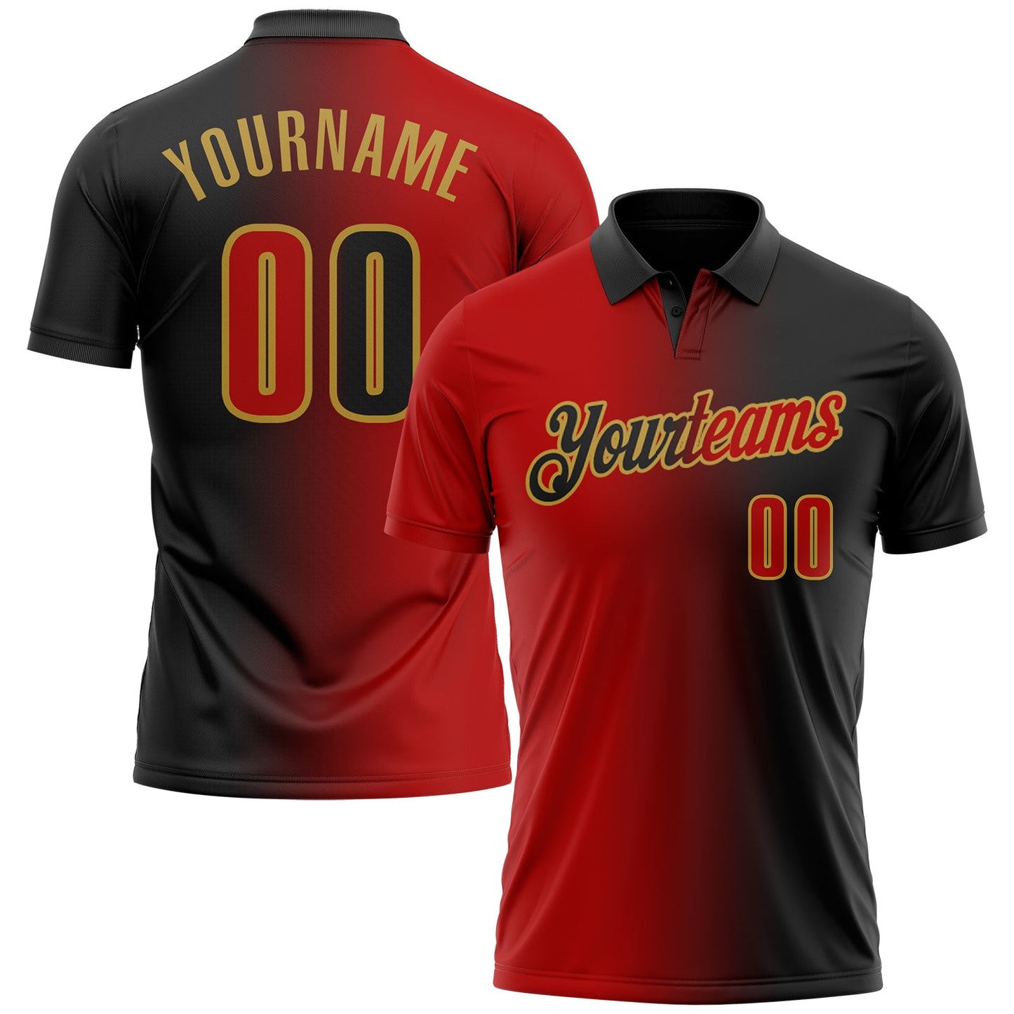 Custom Black Red-Old Gold 3D Gradient Fashion Performance Polo Shirt - Main View