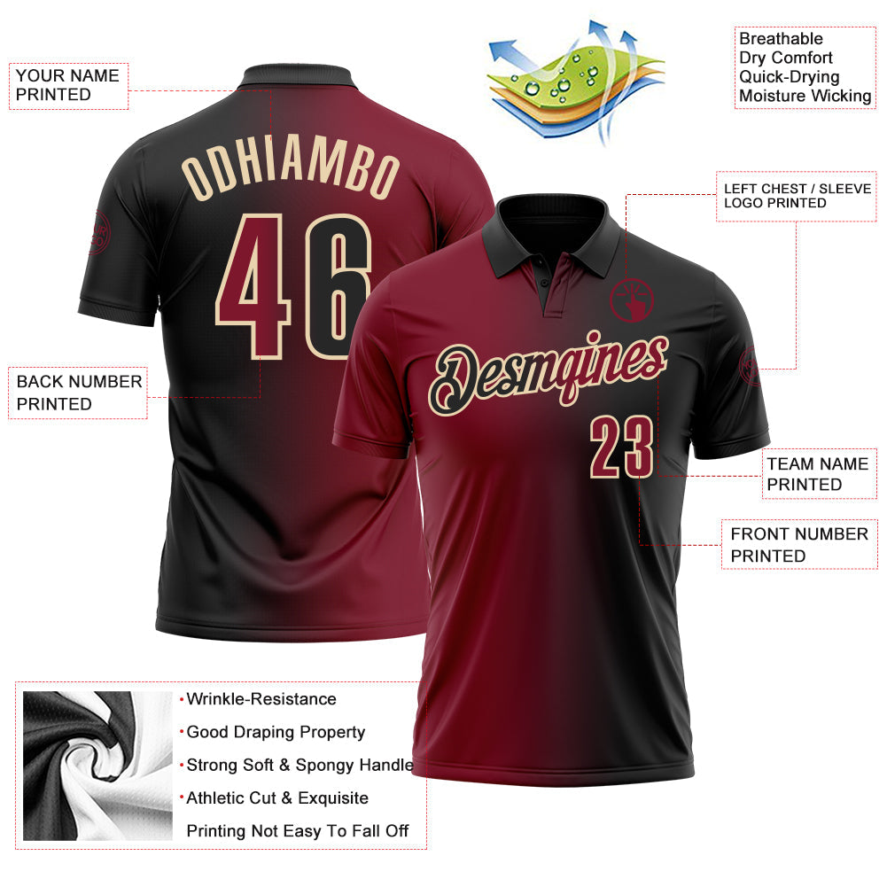 Custom Black Crimson-City Cream 3D Gradient Fashion Performance Polo Shirt view 3