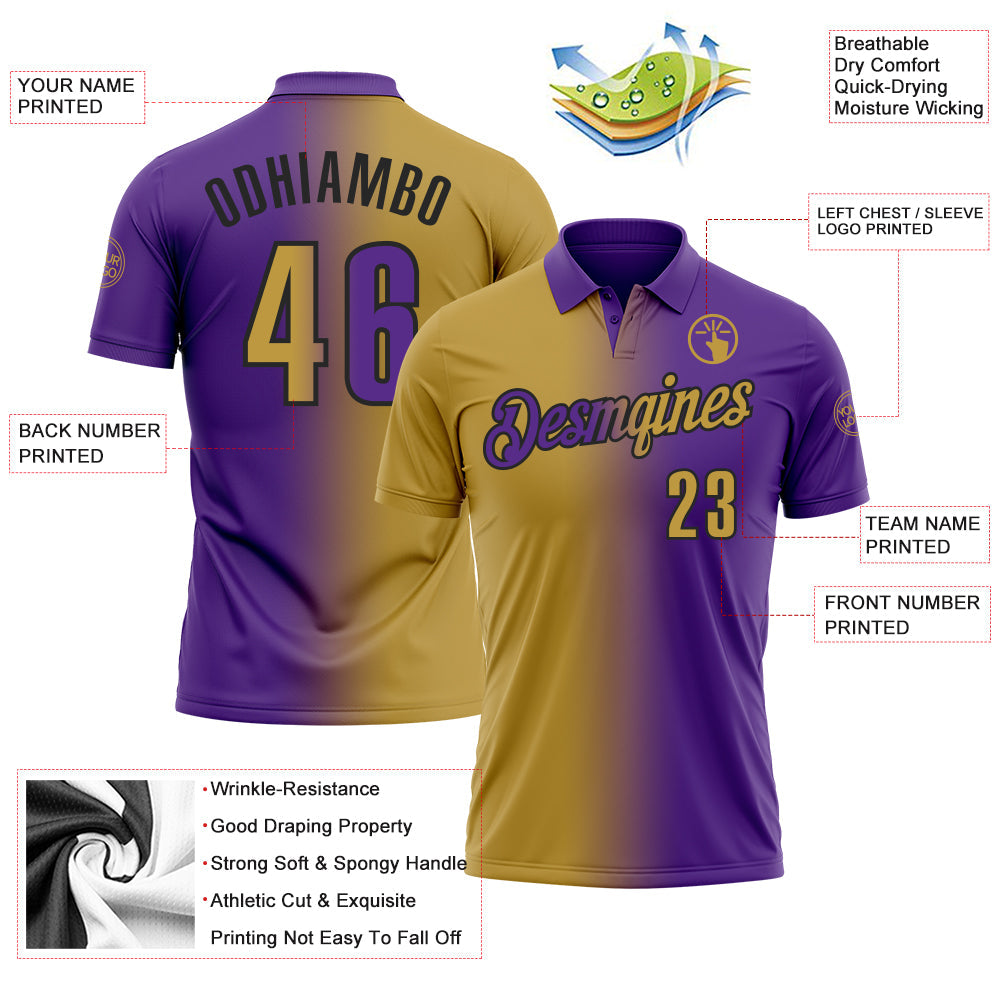 Custom Purple Old Gold-Black 3D Gradient Fashion Performance Polo Shirt view 3