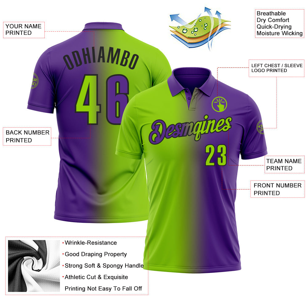 Custom Purple Neon Green-Black 3D Gradient Fashion Performance Polo Shirt view 3