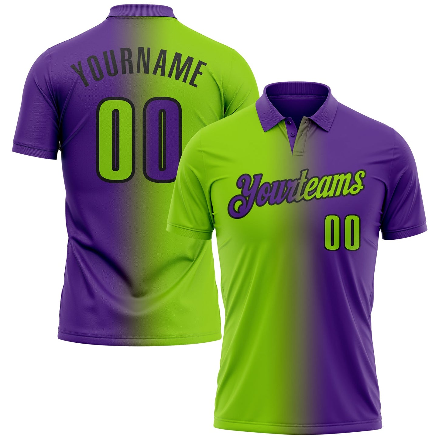 Custom Purple Neon Green-Black 3D Gradient Fashion Performance Polo Shirt - Main View