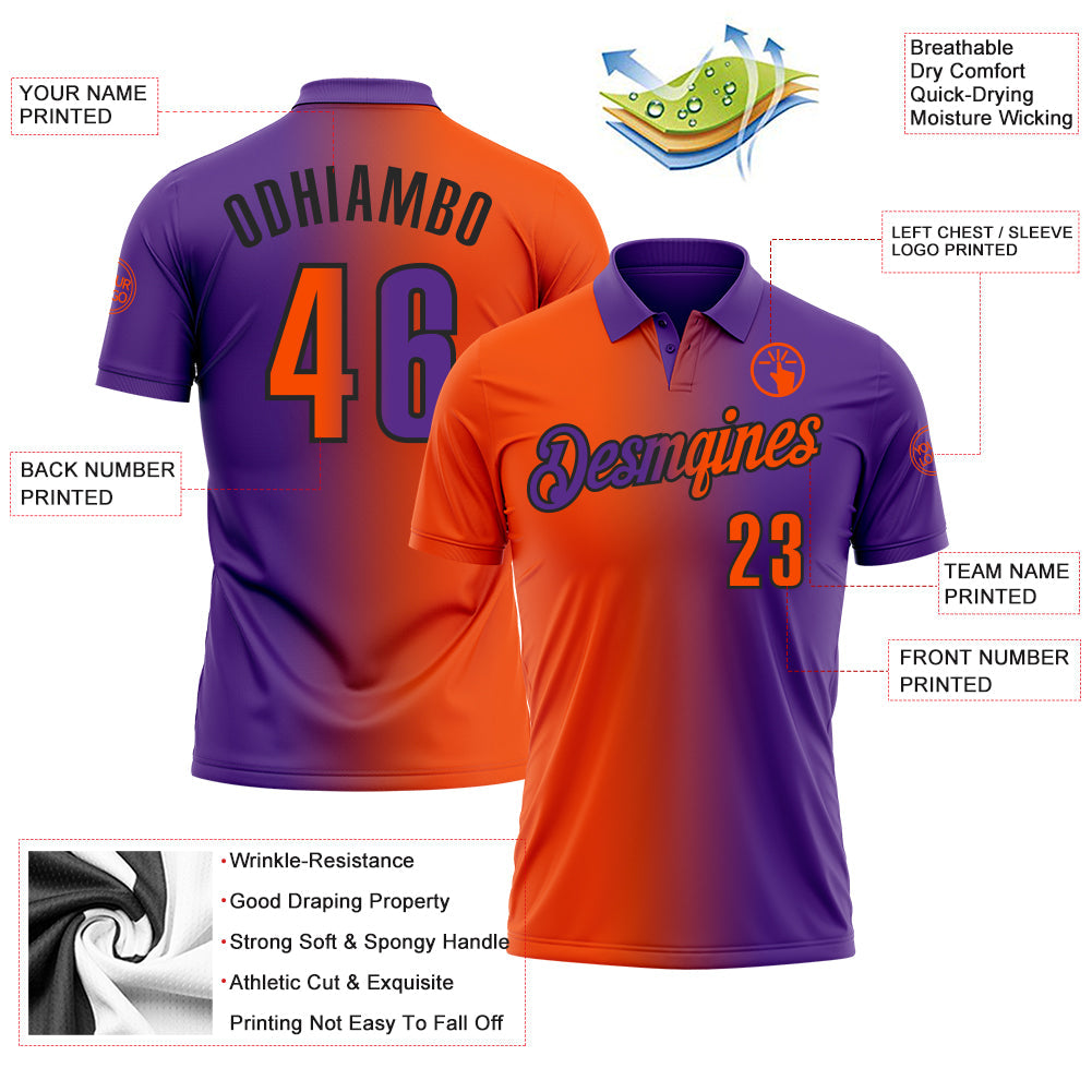 Custom Purple Orange-Black 3D Gradient Fashion Performance Polo Shirt view 3