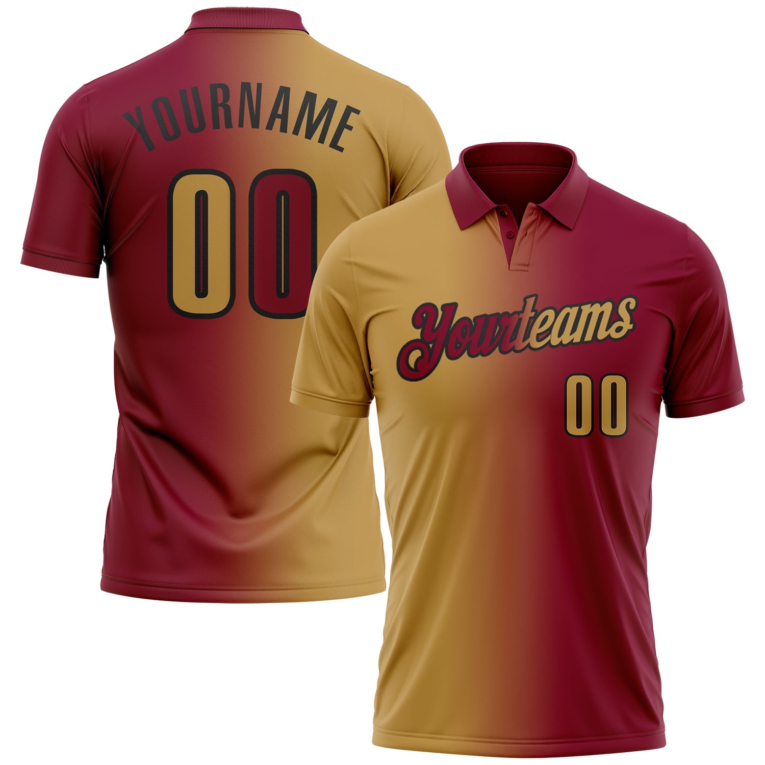 Custom Maroon Old Gold-Black 3D Gradient Fashion Performance Polo Shirt - Main View