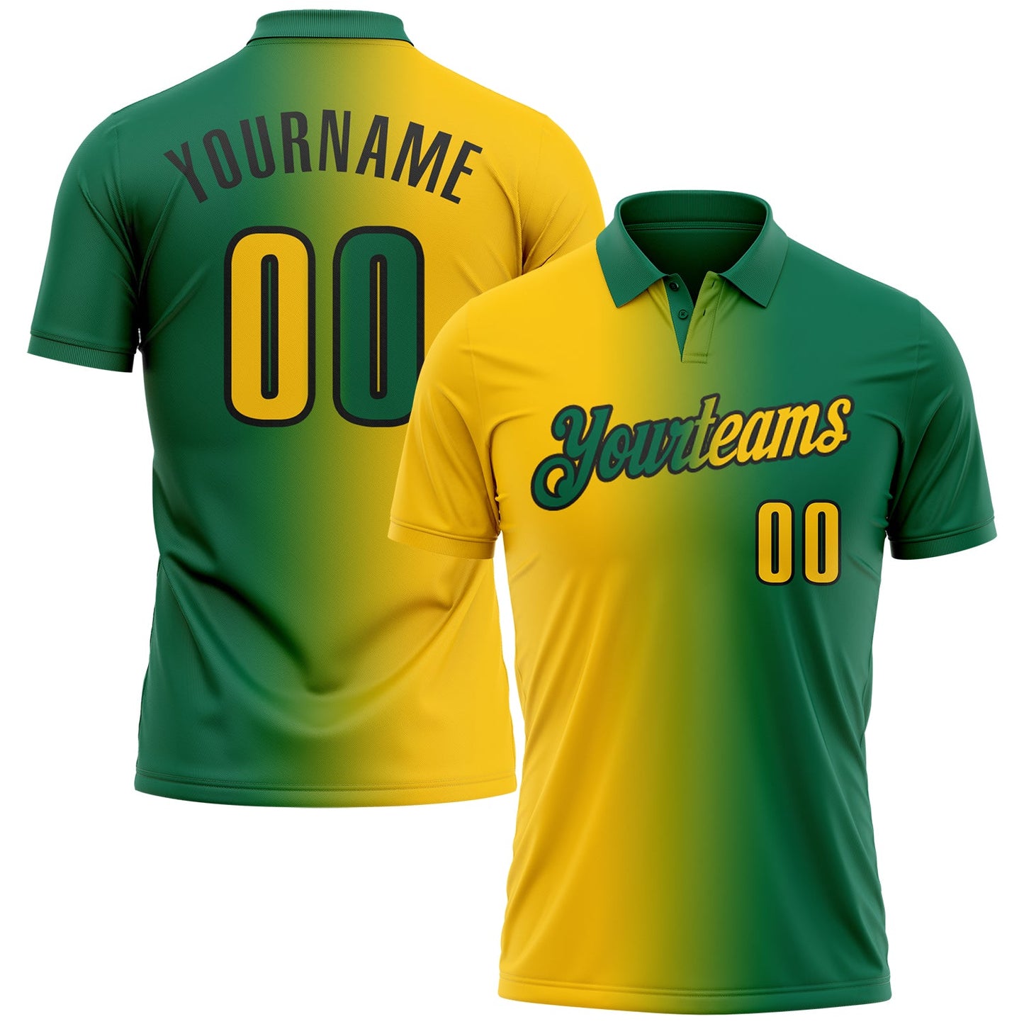 Custom Kelly Green Yellow-Black 3D Gradient Fashion Performance Polo Shirt - Main View