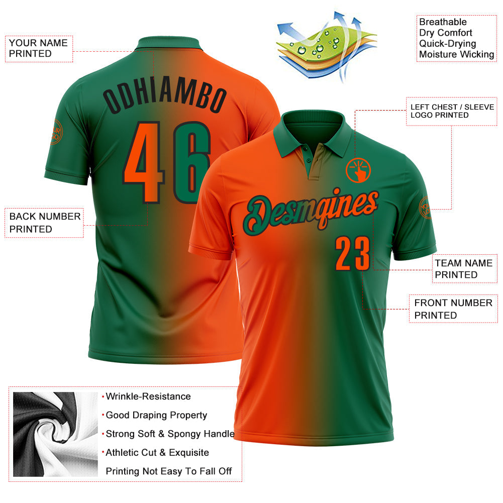 Custom Kelly Green Orange-Black 3D Gradient Fashion Performance Polo Shirt view 3