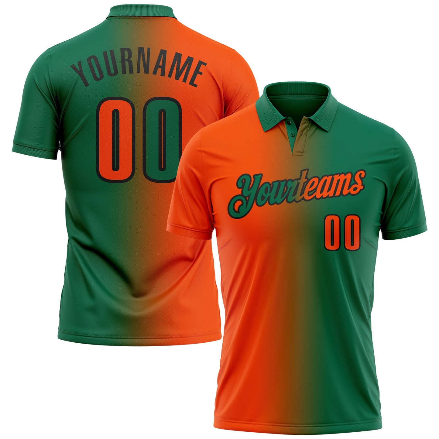 Custom Kelly Green Orange-Black 3D Gradient Fashion Performance Polo Shirt - Main View