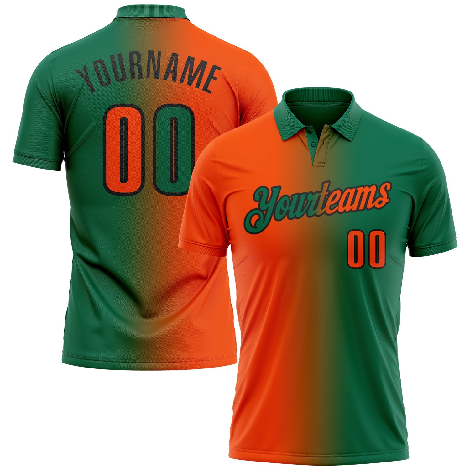 Custom Kelly Green Orange-Black 3D Gradient Fashion Performance Polo Shirt - Main View