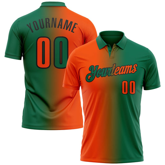 Custom Kelly Green Orange-Black 3D Gradient Fashion Performance Polo Shirt - Main View