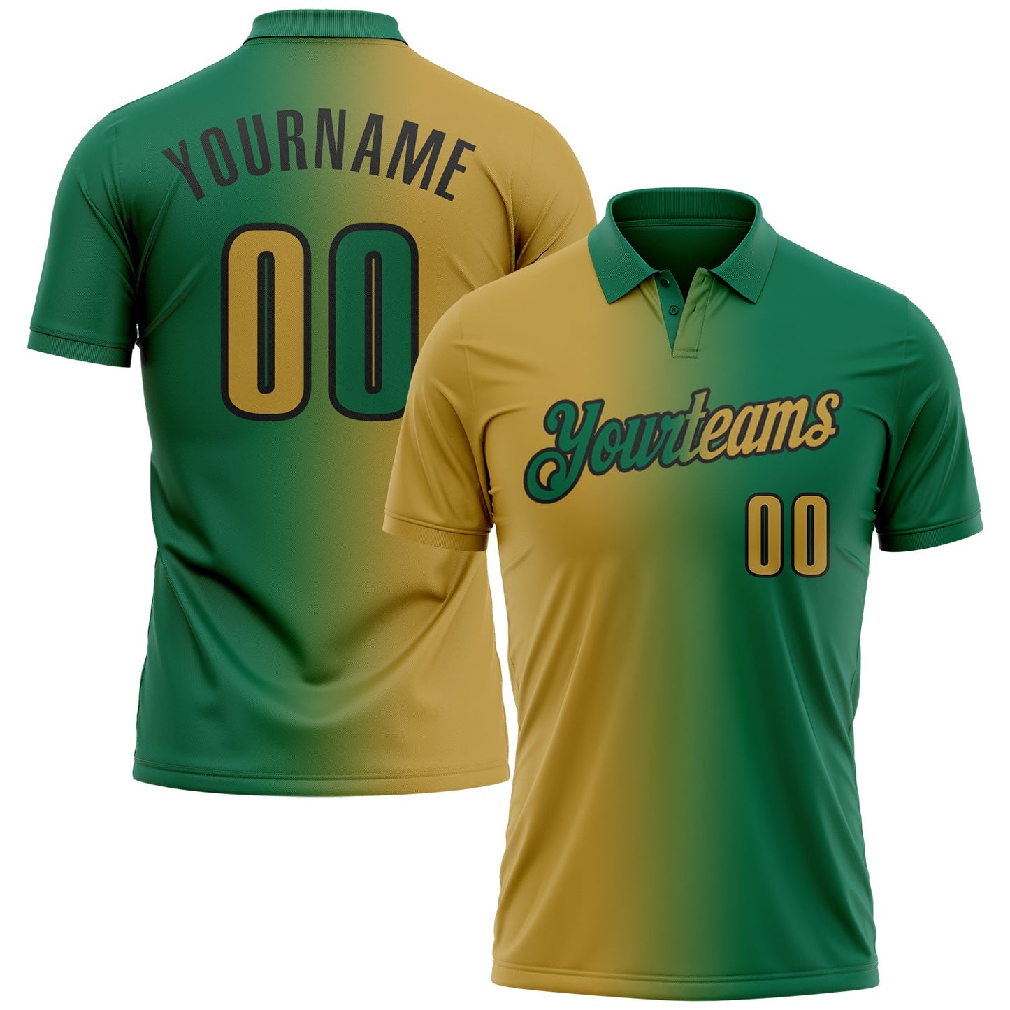Custom Kelly Green Old Gold-Black 3D Gradient Fashion Performance Polo Shirt - Main View
